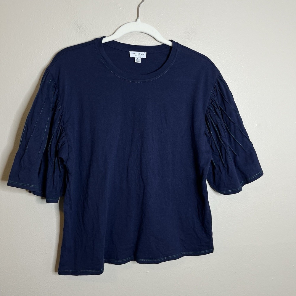 Current Air Blue Flared Sleeve Contrast stitch boxy Navy Preppy‎ L 100 Cotton M - Picture 2 of 6